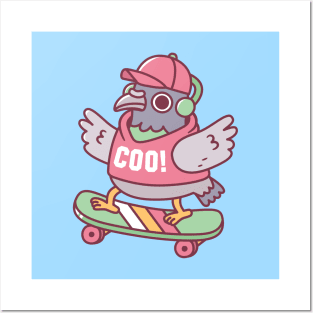 Coo Pigeon On Skateboard Funny Posters and Art